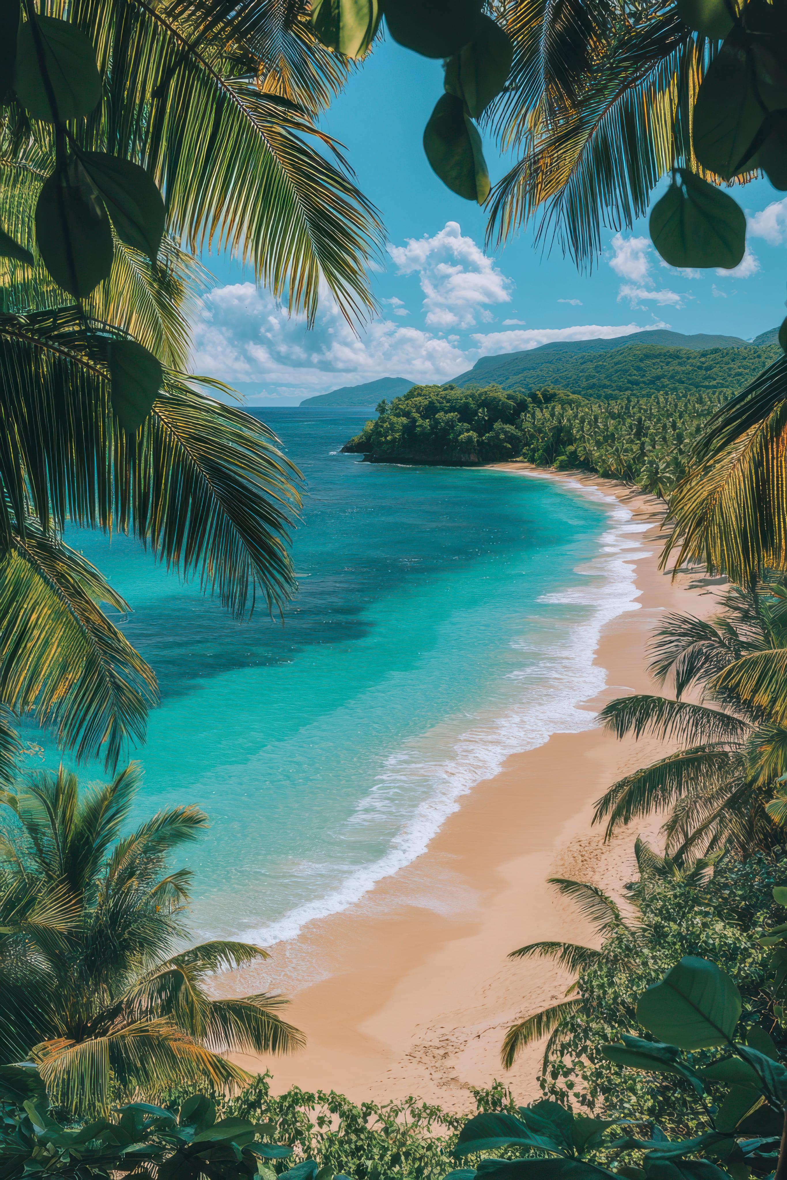 Tropical bay with turquoise water and golden sand beach