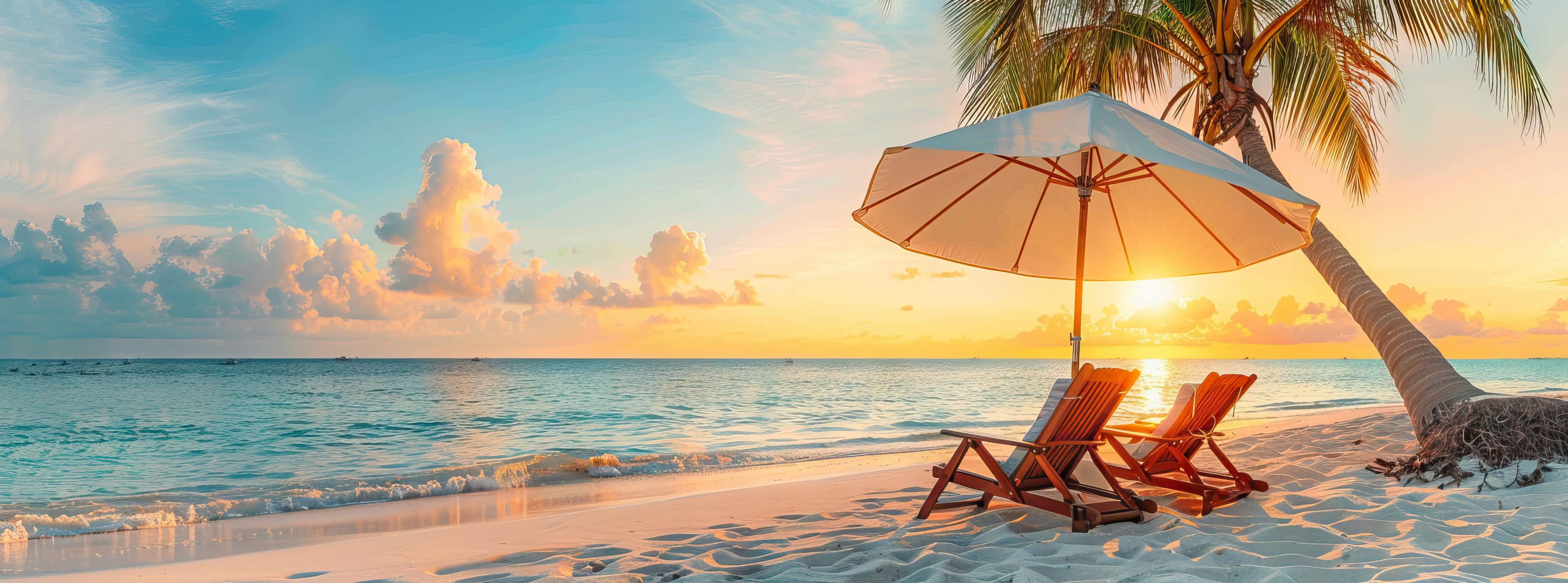Beach vacation scene with umbrella and chairs